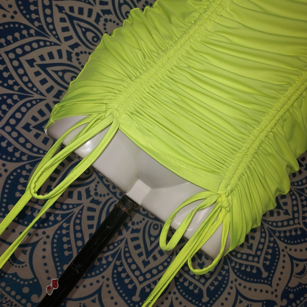 Neon Yellow Ruched Bodycon Dress - Picture 2 of 4